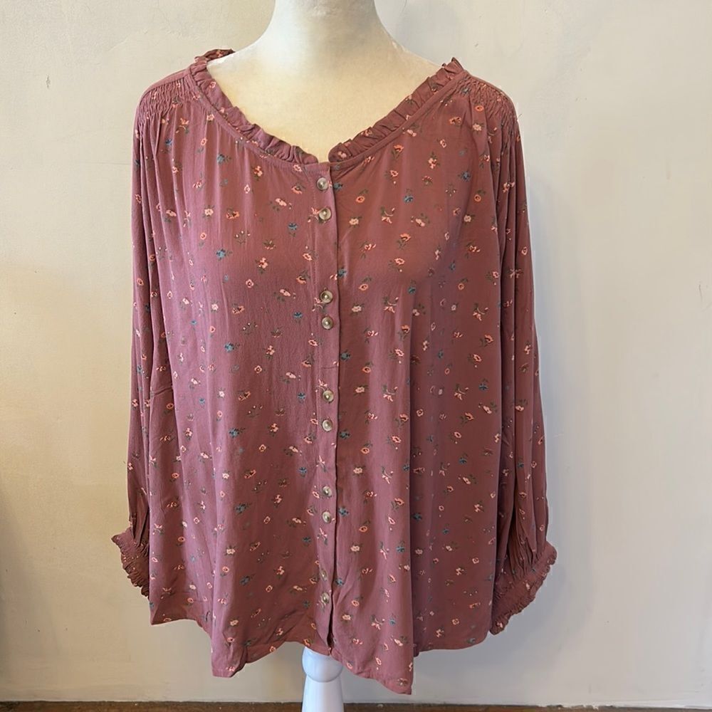 Lucky Brand mauve floral wide long sleeve button front blouse Size L NWOT